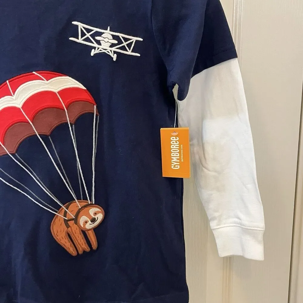 Gymboree Aviator School Parachute Sloth Airplane Applique Layered Top Boys 6 NWT